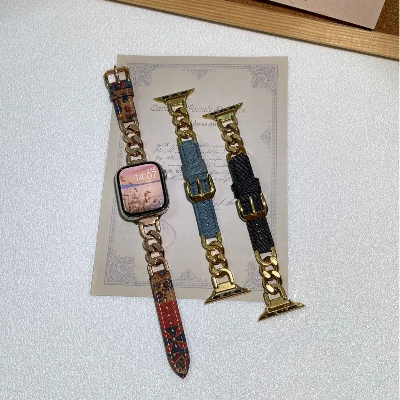 Cinturino per Orologio in Acciaio Inossidabile e Pelle Denim Compatibile con Apple Watch Stile Moda