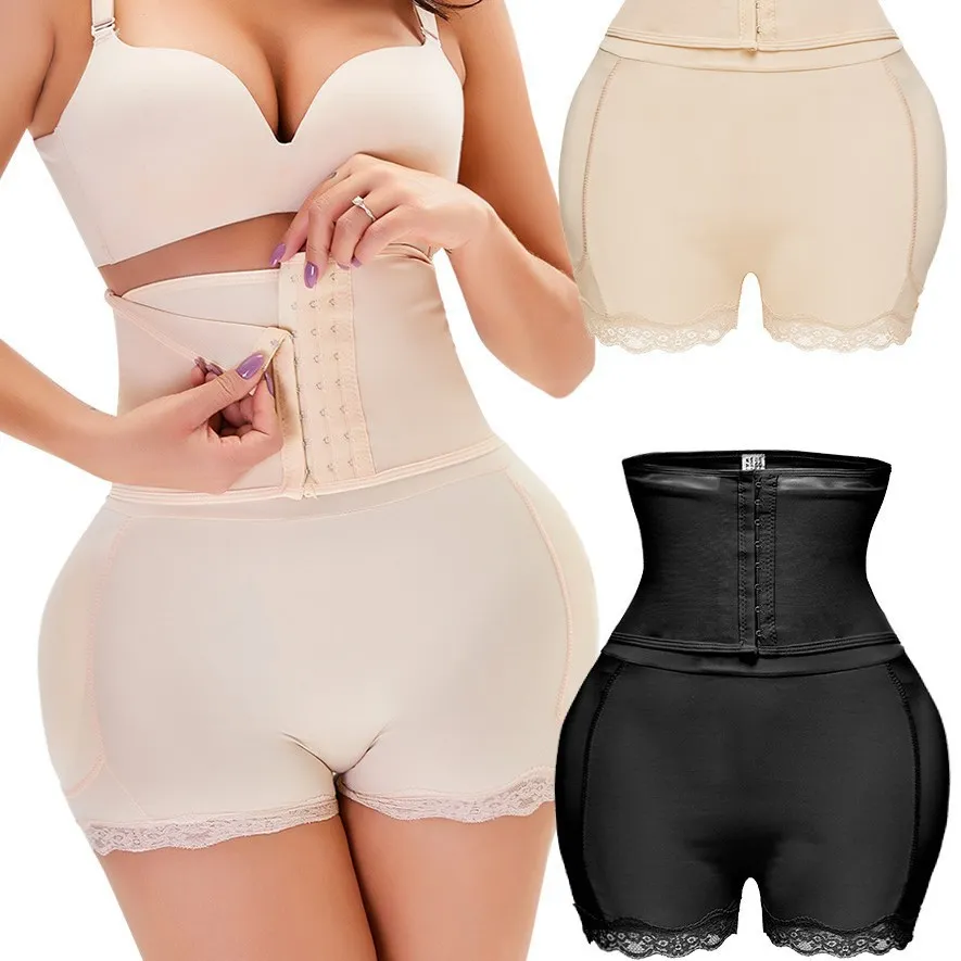 Women High Waist Tummy Control Shapewear Shorts With Padded Butt Lift Hook-And-Eye Lace Trim Slimming Body Shaper Briefs