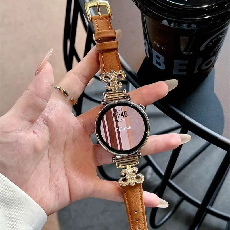 Smartwatch Leather Band Compatible With Watch Luxury Rhinestone Metal Connector Replacement Strap Fashion Wristband
