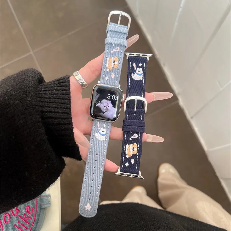 Cute Puppy And Star Embroidered Denim Watch Band Soft Fabric Replacement Strap For Smartwatch Wrist Accessory