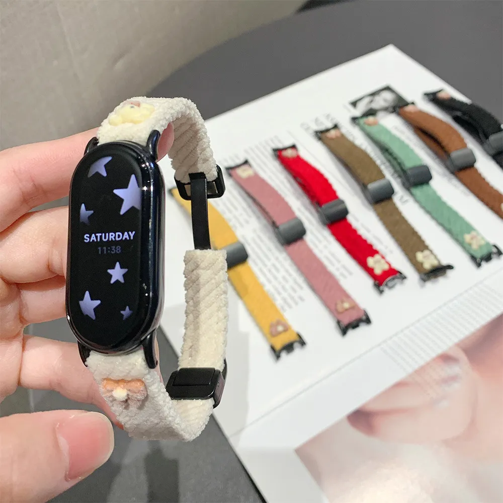 Universal Corduroy Magnetic Watch Band With Cute Bow And Bear Ornament Replacement Strap For Smart Watch Accessories