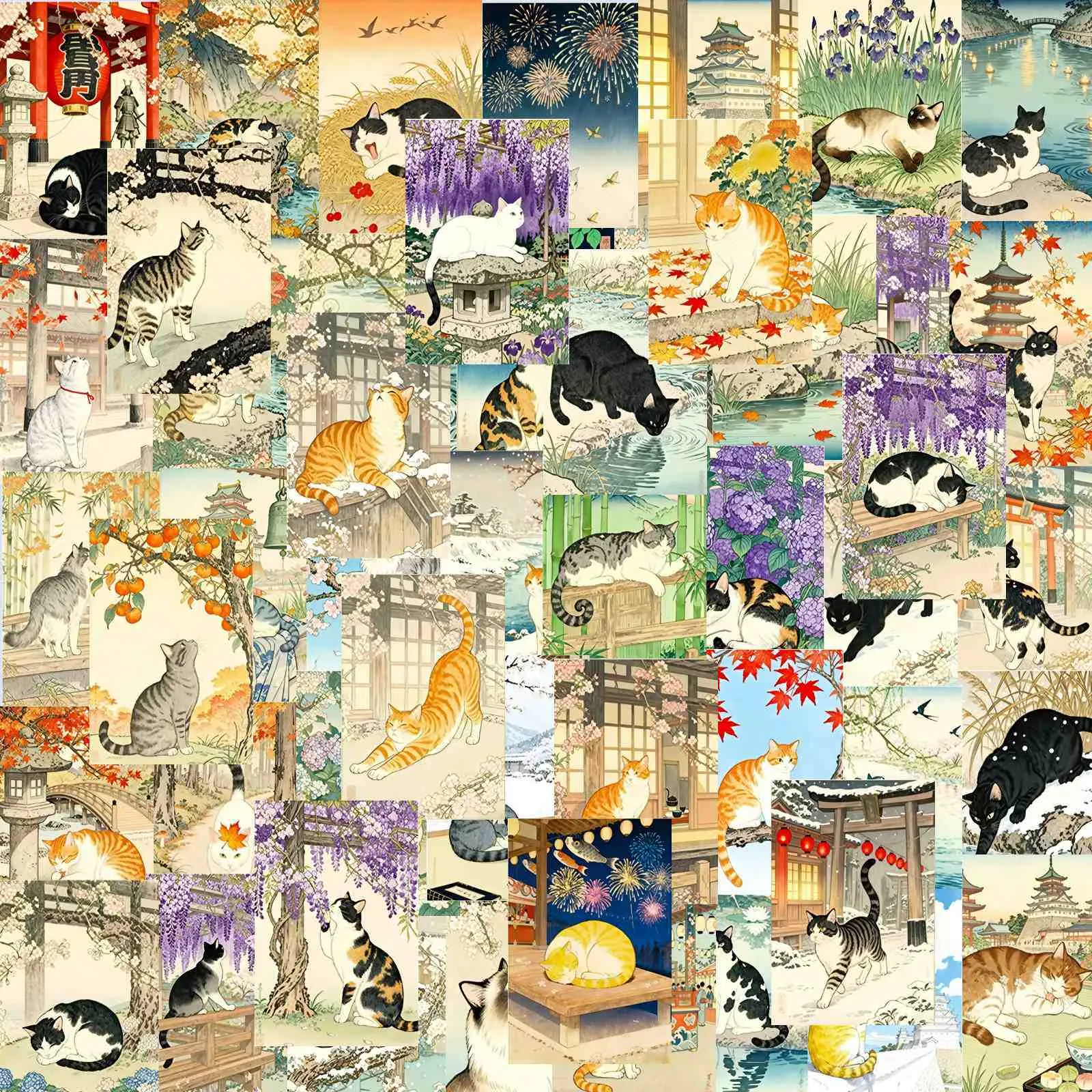 Creative Retro Cute Cartoon Japanese Illustration Cat Decorative Waterproof Sticker Set For Laptop Luggage