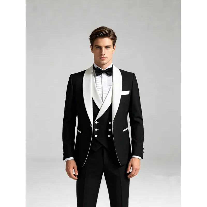 Men's Shawl Lapel Color Block Suit Set Slim Fit Three Piece Tuxedo For Wedding Party Business Host