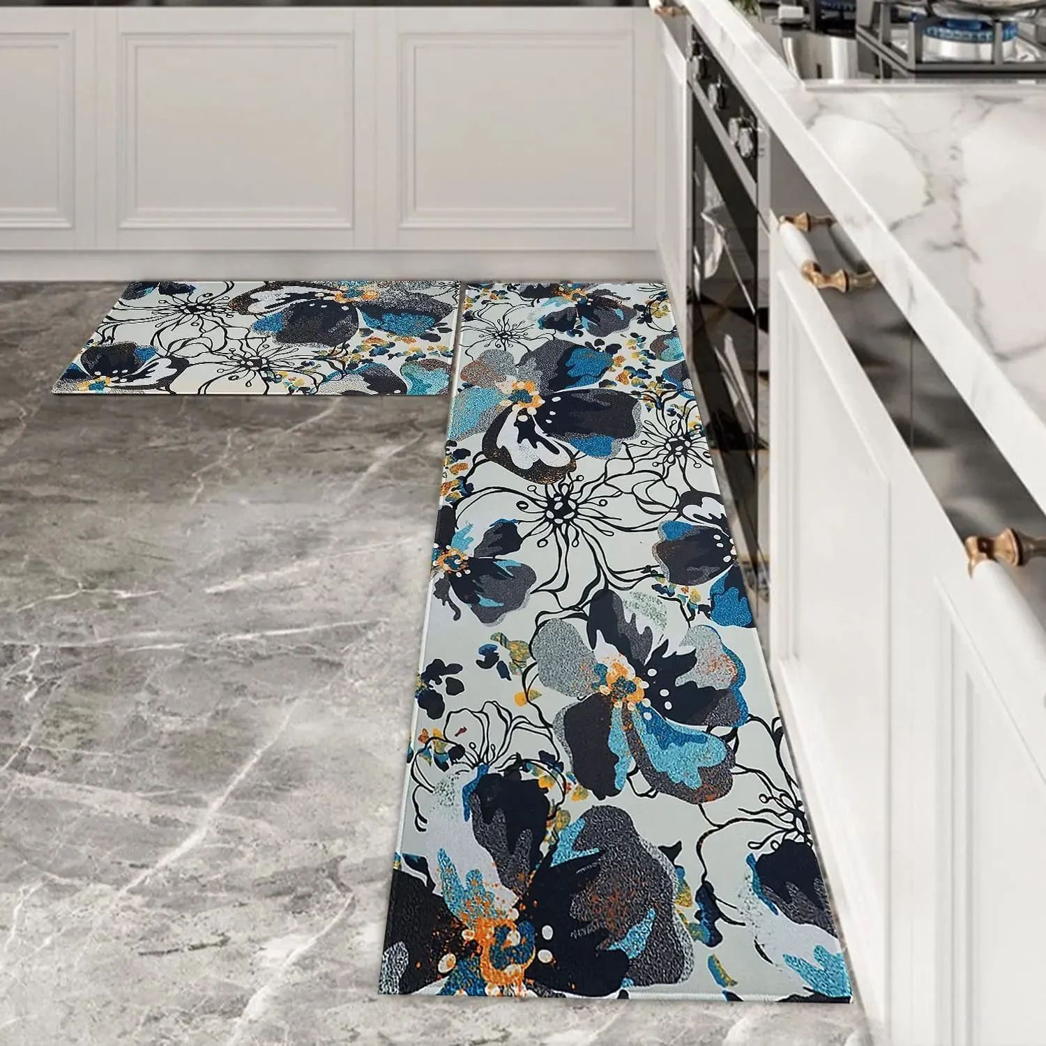 American Style Floral Kitchen Mat Non Slip Wear Resistant Polyester Rug For Home Kitchen Floor Decor