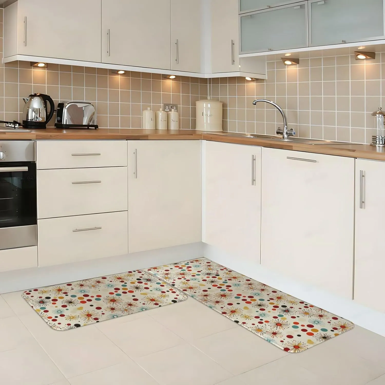 Alfombra de Cocina Vintage Americana Antideslizante Lavable Poliéster Estera Geométrica Floral Dibujos Animados Set para Suelo