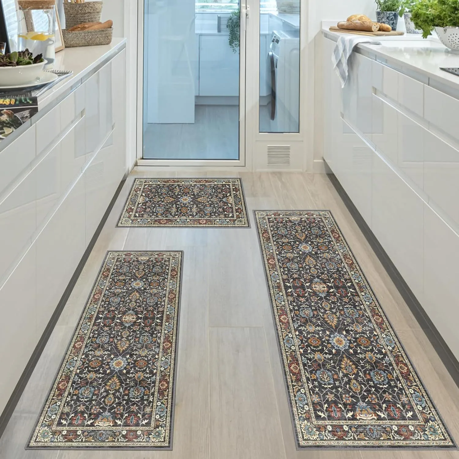 Bohemian Floral Kitchen Mat Non Slip Wear Resistant Polyester Floor Mat Washable Runner Rug Set For Home Decor