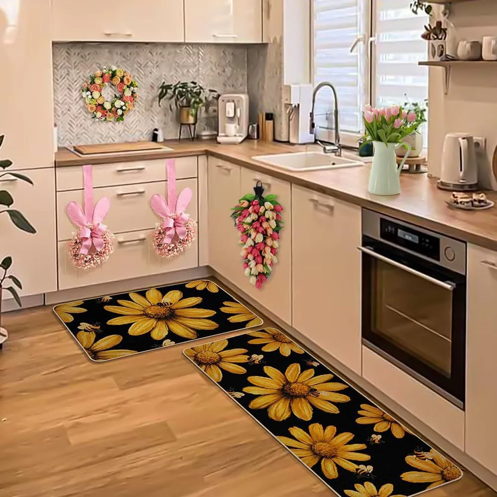 Tapis de Cuisine Rétro Américain Antidérapant Résistant à l'Usure Polyester Tapis de Sol Imprimé Ensemble pour Décoration de Cuisine