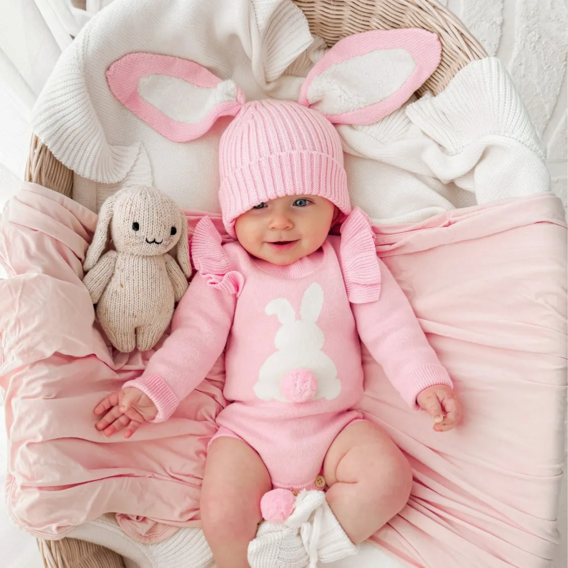 Infant Autumn Winter Cotton Long Sleeve Rabbit Romper Matching Hat Pom-pom Baby Bodysuit Cute Knit Set