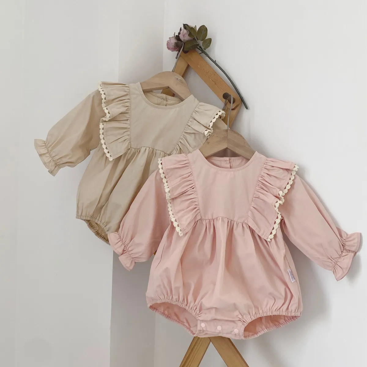 Infant Baby Girls Long Sleeve Cotton Romper Cute Ruffle Floral Jigsaw Jumpsuit Newborn Spring Fall Bodysuit Daily Infant Apparel