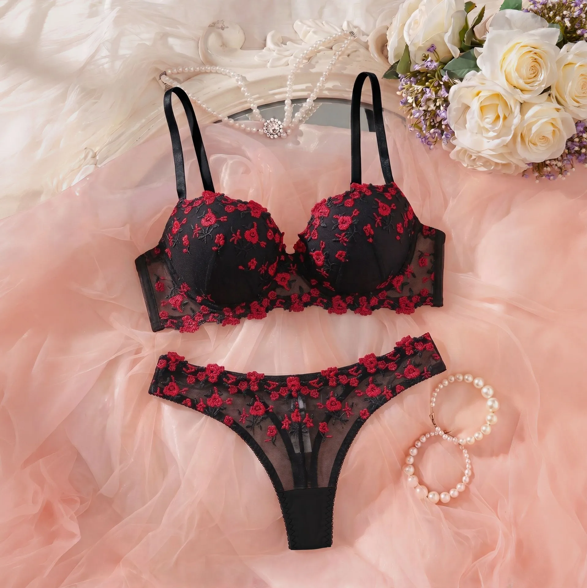 French Romantic Polyester Embroidered Lingerie Set Floral Lace Sheer Bra And Panties Top And Bottom For Women Dating Everyday