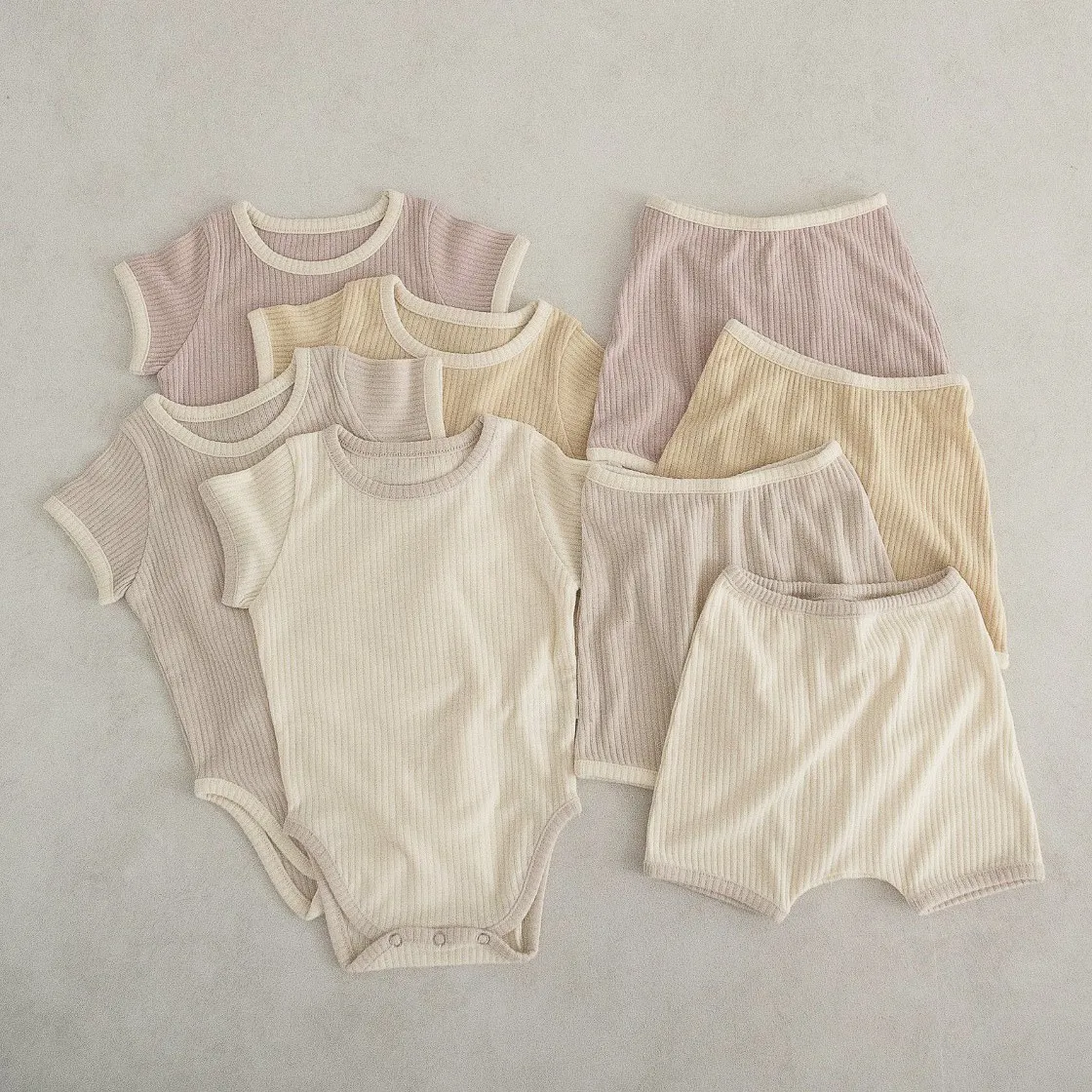 Infant Baby Cotton Ribbed Color-Block Short Sleeve Romper And Big PP Shorts Summer Newborn Bodysuit Outfit Set