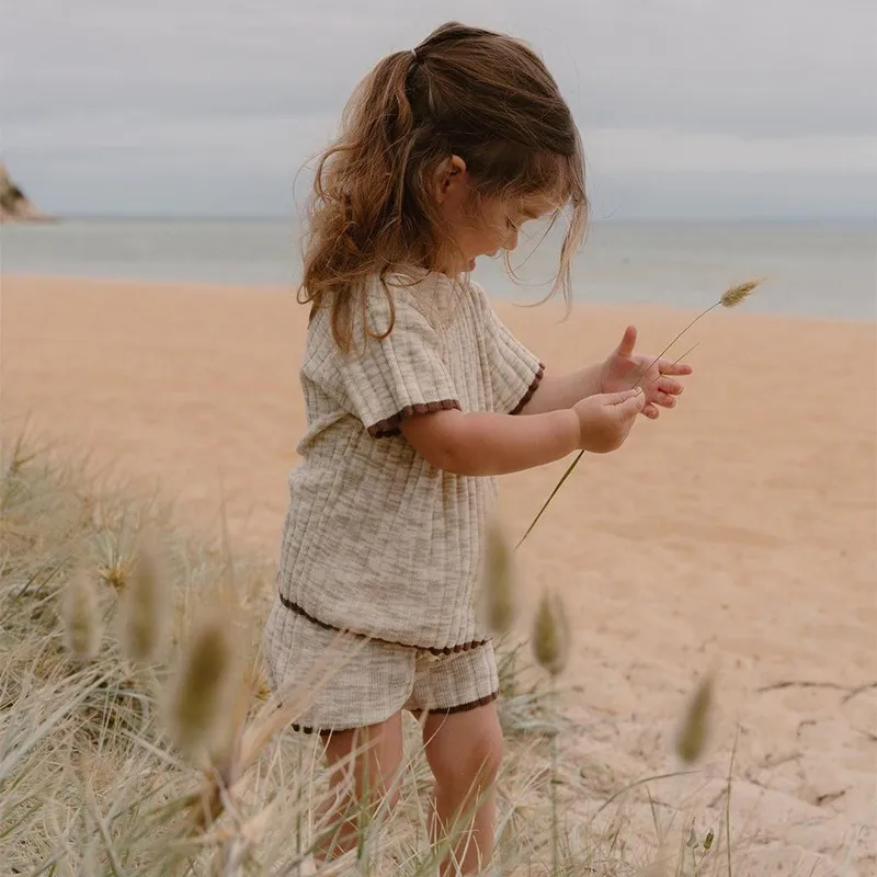 Ensemble Pull Tricoté Fin Été Bébé Nourrisson Haut Manches Courtes Et Short Tenue Décontractée Deux Pièces Ensemble Vêtements Coton