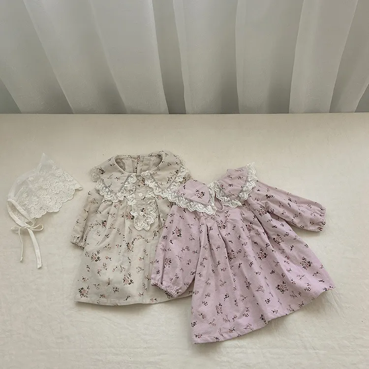 Baby Girls Long Sleeve Floral Dress Infant Toddler Sweet Turn-down Collar A-Line Princess Dress Cute Fall Children Clothing