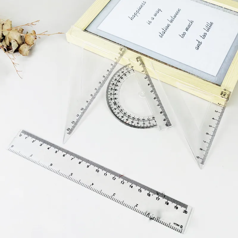 Student Transparent Plastic Ruler Geometry Tool Straight Ruler Triangle Protractor For School Office Drawing