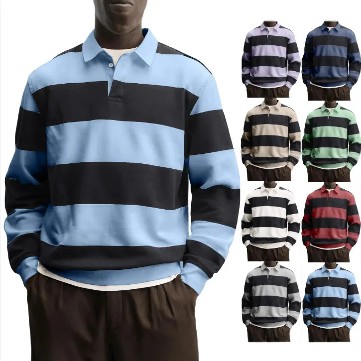 Polo a Strisce a Manica Lunga Casual da Uomo Vestibilità Larga Colletto Rovesciato Bottone Polo Tops Primavera Autunno Moda