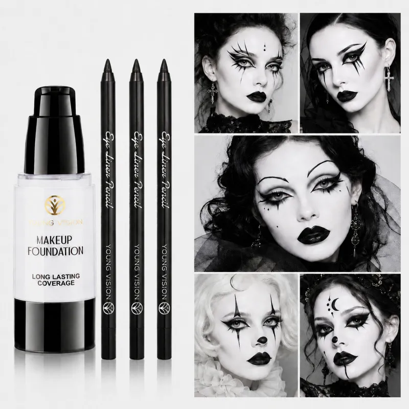 Weißes Flüssigfoundation Schwarzer Eyeliner Lippenstift Gotisch Halloween Bühnen-Make-up Wasserdicht Langanhaltendes Make-up-Set