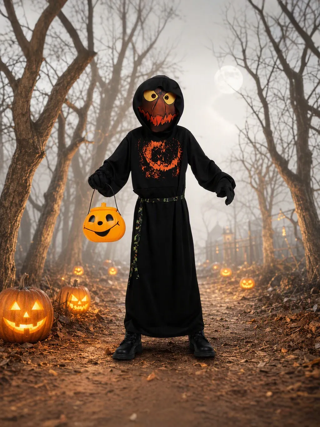 Halloween Kinder Kürbis Geist Kostüm Set Schwarzer Kapuzenmantel Mit Maske Gürtel Für Kinder Bühne Performance Party Outfit