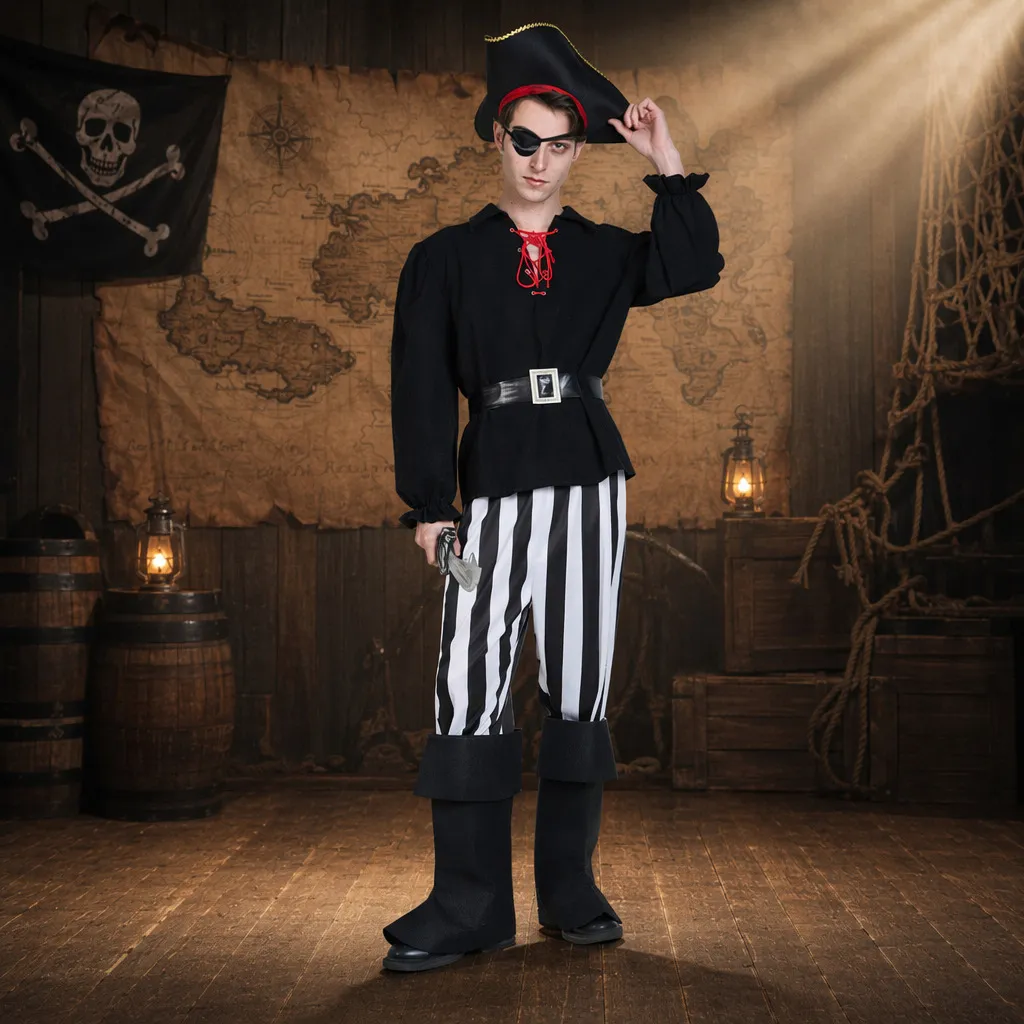 Costume de Capitaine Pirate pour Hommes Ensemble Haut Et Bas Avec Chapeau Cache-Œil Ceinture pour Halloween Fête Performance Cosplay