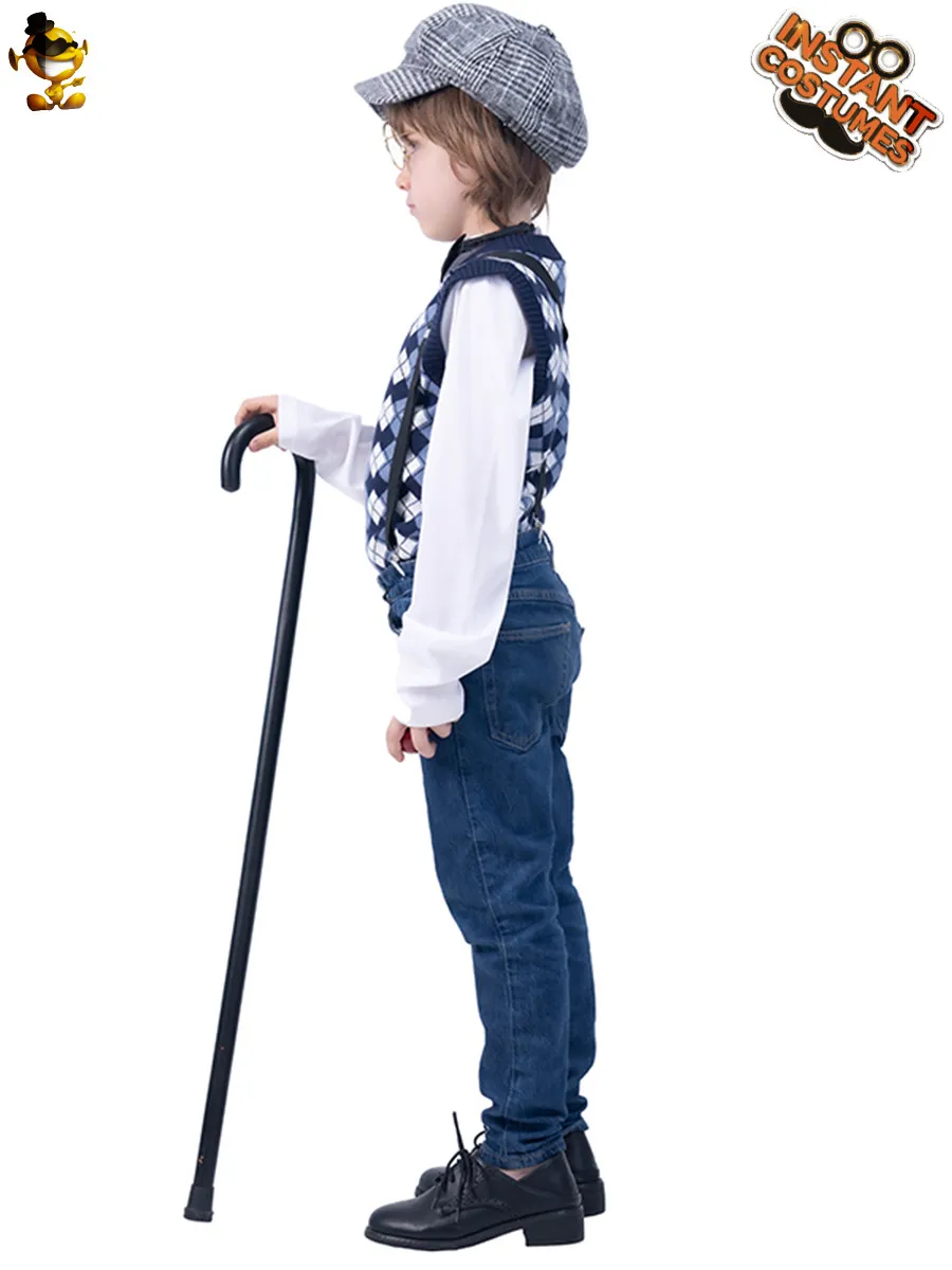 Kids Old Man Costume Set For Halloween Party Boys Grandpa Cosplay Outfit With Vest Shirt Pants Hat Glasses Cane Pipe Retro Stage Clothing
