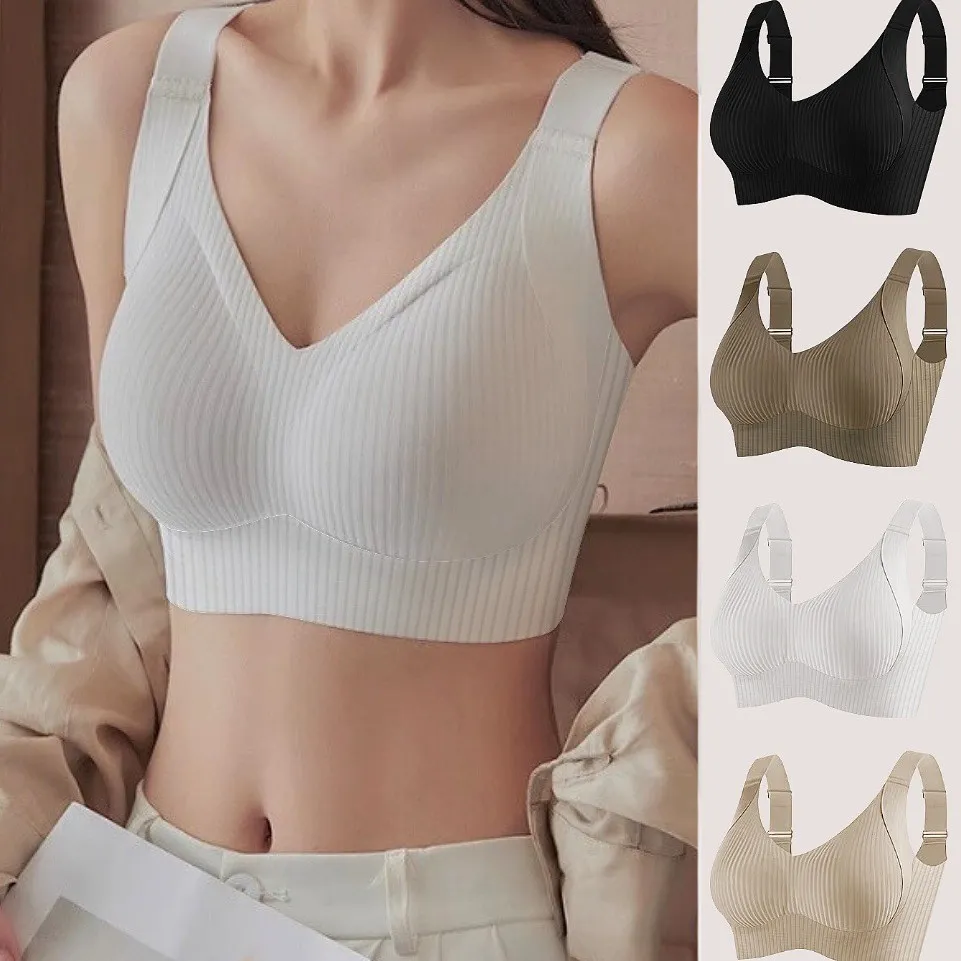 Women's Plus Size Seamless Sports Bra Wireless Gathering Bra For Large Bust Ribbed Adjustable Straps Comfort Bralette Top