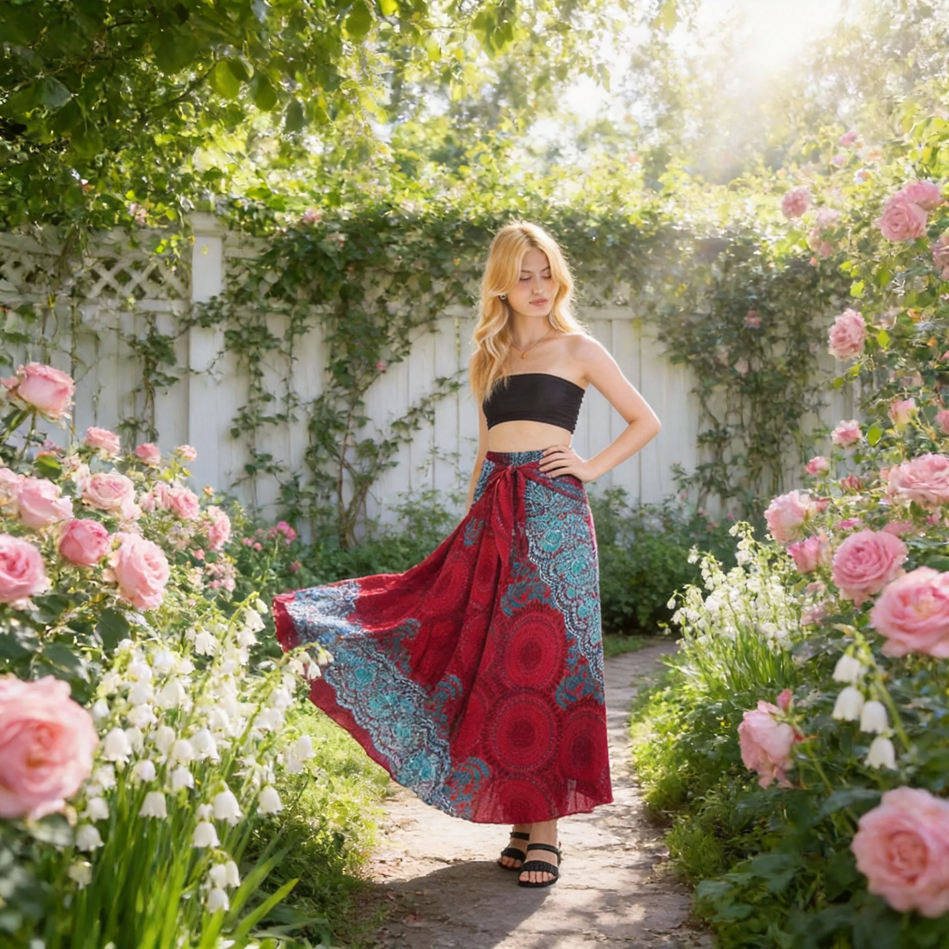 Women's Bohemian Mandala Floral Print Maxi Skirt High Waist Smocked Swing Beach Bottoms Casual Summer Vacation Long Skirt