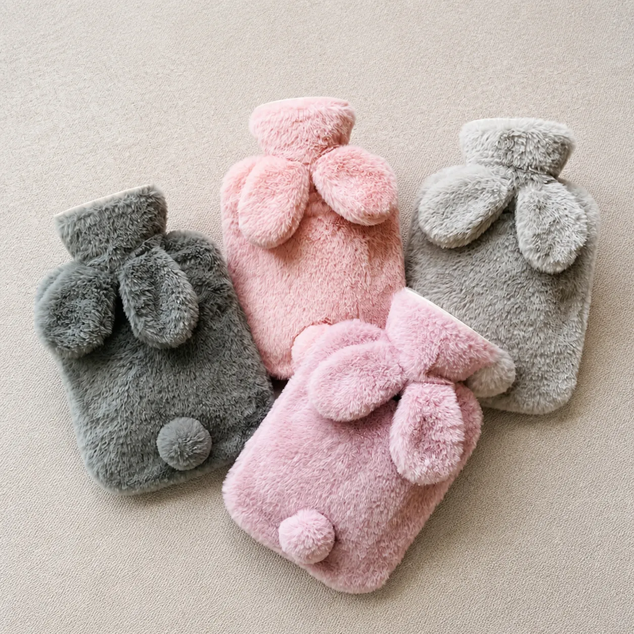 Cute Rabbit Ear Faux Fur Hot Water Bag Soft Plush Cover High Density PVC Hand Warmer For Winter Stomach Waist Relief Pain Heat Therapy