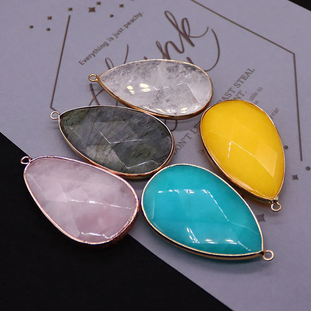 Natural Stone Teardrop Pendant Faceted Gemstone Electroplated Gold Edge DIY Jewelry Making Accessory For Necklace Earrings