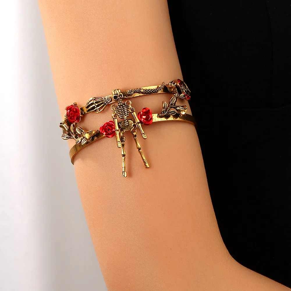 Punk Retro Teschio Serpente Rosa Bracciale Da Braccio Aperto Lega Gotico Gioiello Regalo
