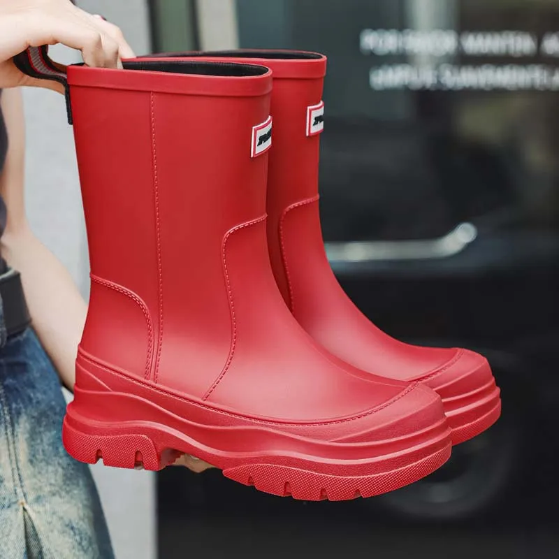 Women Waterproof Rain Boots Mid Calf Solid Color Slip On Rain Shoes Outdoor Rainwear Anti Slip Fashion Boots