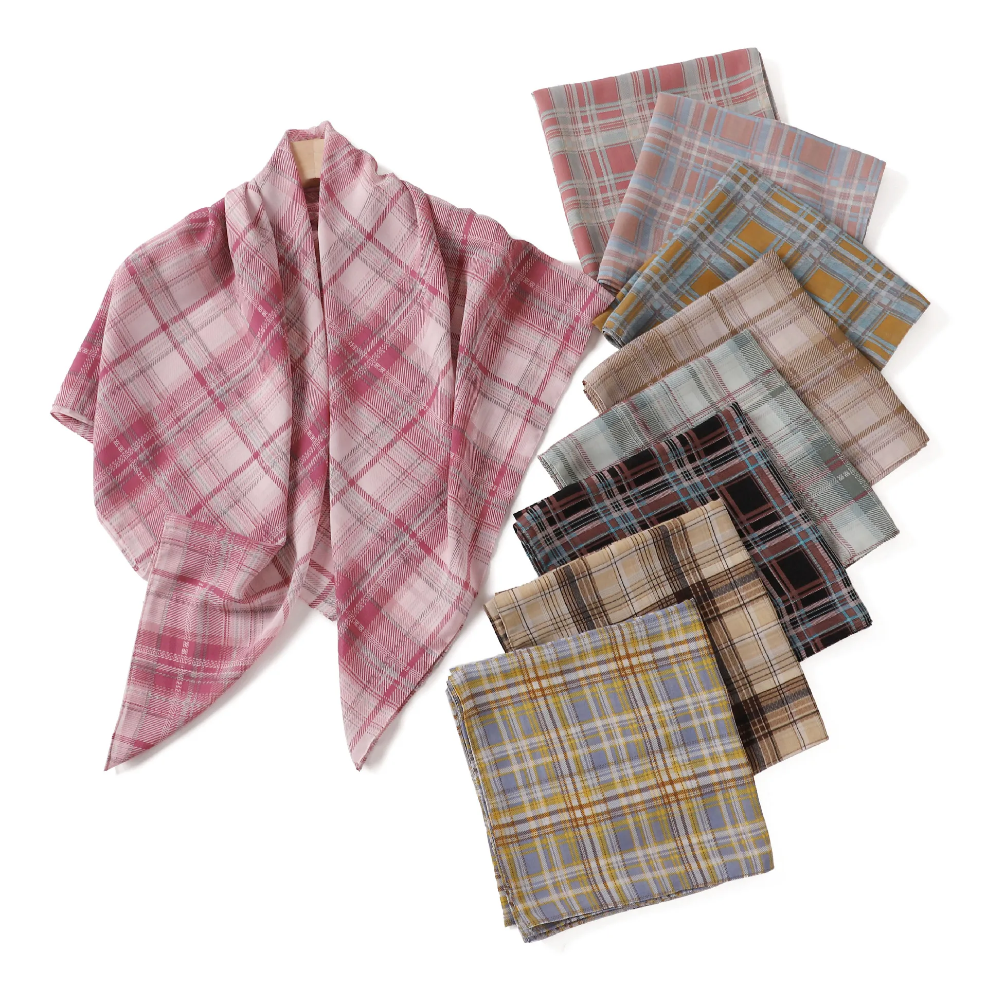 Retro Elegant Plaid Print Chiffon Square Scarf Lightweight Soft Breathable Head Wrap Shawl For Women