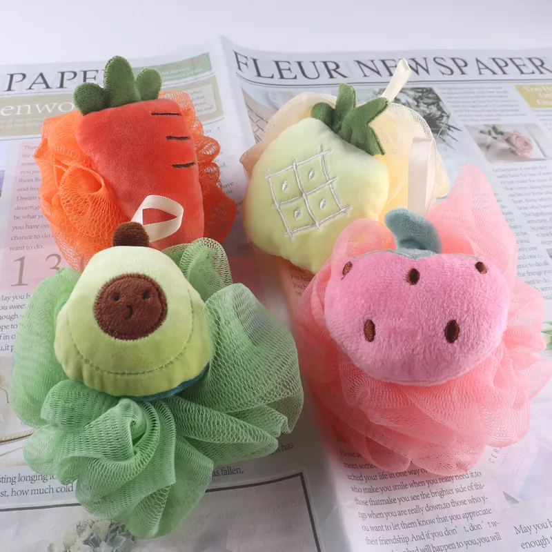 Cute Fruit Shower Puff Kids Bath Sponge Soft PE Mesh Bath Ball With Hanging Ribbon Cartoon Bath Ball For Daily Cleaning