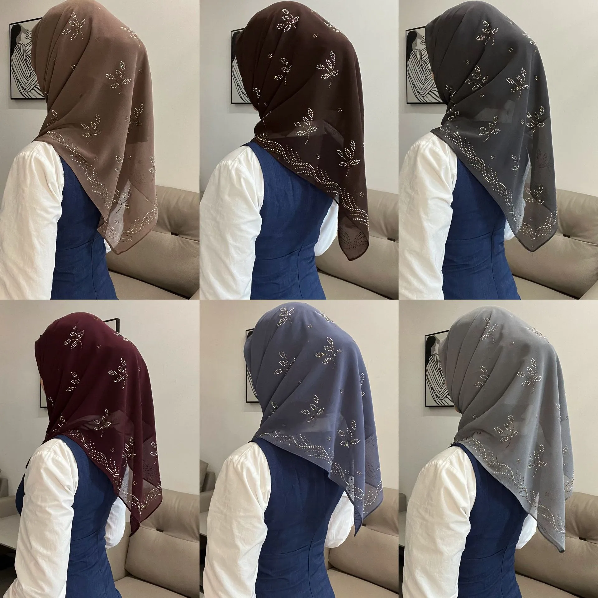 Women Chiffon Square Scarf Lightweight Rhinestone Leaf Print Headscarf Elegant Neck Scarf Shawl For Daily Wear