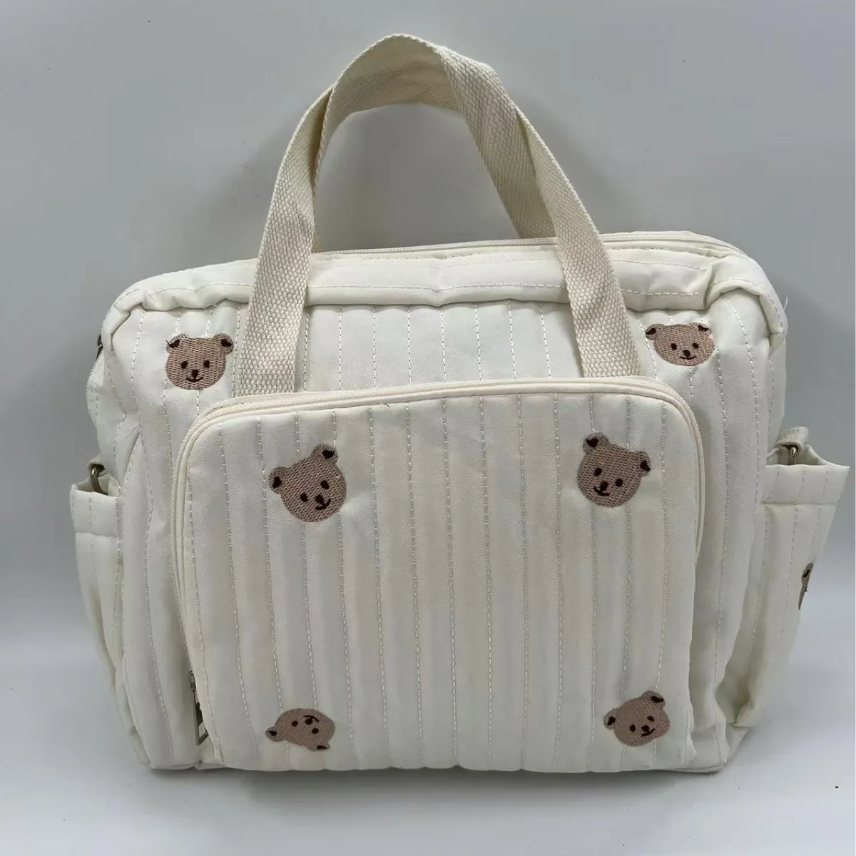 Women Large Capacity Cotton Diaper Bag Cute Bear Embroidery Quilted Tote Bag Casual Handbag Travel Shoulder Crossbody Bag