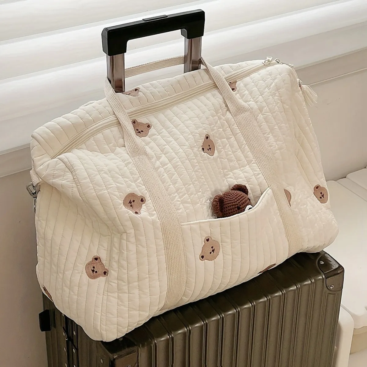 Cute Bear Embroidered Quilted Cotton Mommy Bag Diaper Bag Large Capacity Stroller Hanging Tote Bag
