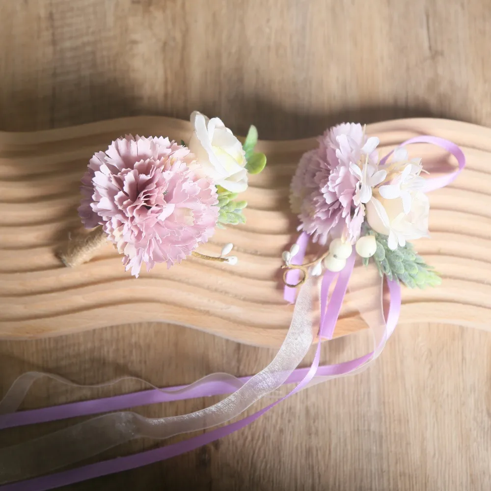 Artificial Carnation Flower Boutonniere Wrist Corsage Set Wedding Groom Bridesmaid Floral Accessories Pink Blue