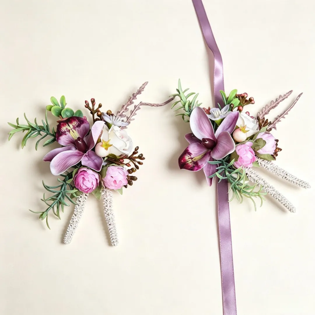 Forest Style Pink Purple Artificial Silk Flower Corsage And Wrist Corsage Set For Wedding Party Celebration Guest Bride Groom