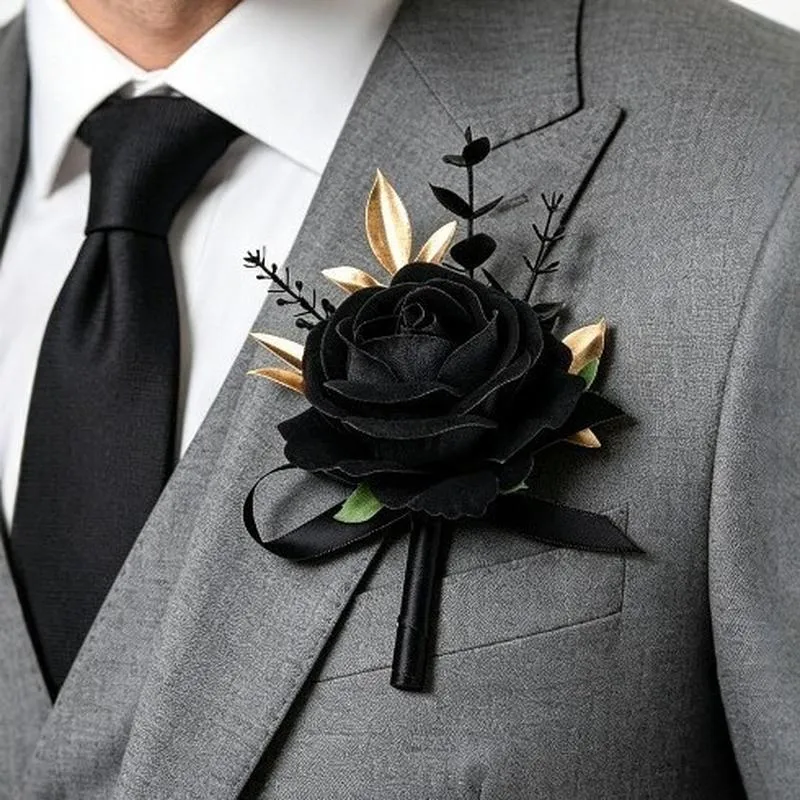 Schwarz Gold Künstliche Rose Ansteckblume Handgelenk Korsage Hochzeit Party Bräutigam Anzug Blume Dunkler Stil Stoff Floral Dekor