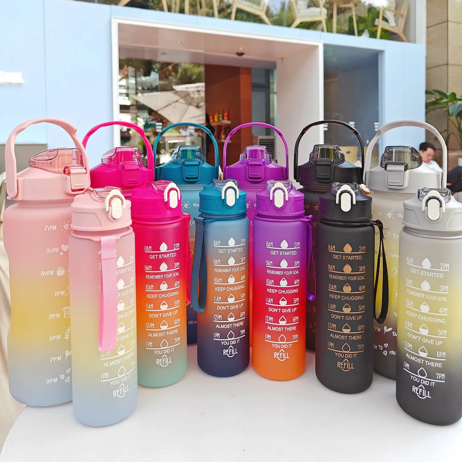 Gradient Plastic Water Bottle Three Piece Set Large Capacity Sports Kettle With Straw And Time Marker Motivational Drinkware