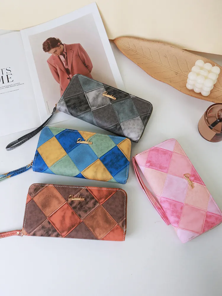 Portefeuille Long Rétro Patchwork pour Femmes Couleur Contrastée en Cuir PU à Fermeture Éclair Grande Capacité Porte-Cartes
