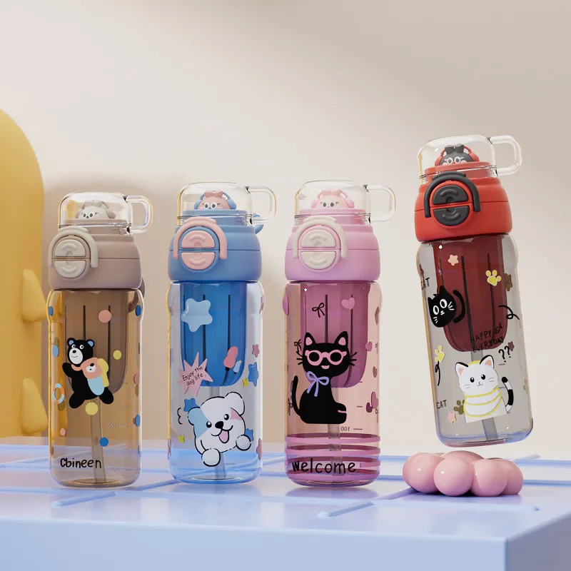 Kids Portable Straw Water Bottle Cute Cartoon Plastic Drinking Cup Outdoor Travel Dual Drink Tumbler For Girls Students