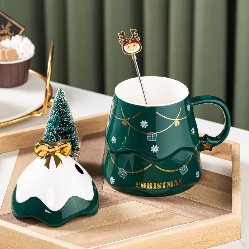 Kreativer Weihnachtsbaum Keramik Becher Mit Deckel Und Löffel Süßer Tiger Cartoon Kaffeetasse Für Büro Zuhause Geschenk