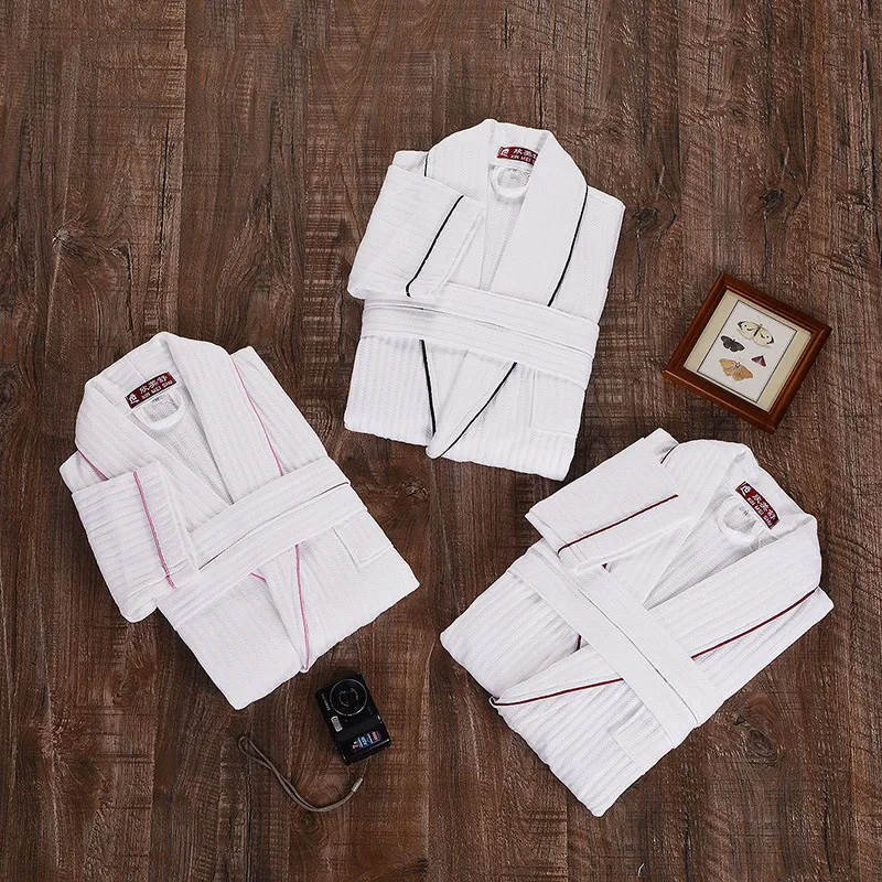 Pure Cotton Waffle Robe For Men And Women Unisex Soft Absorbent Spa Hotel Sleepwear Long Sleeve Loungewear With Waistband Pocket Home Bathrobe