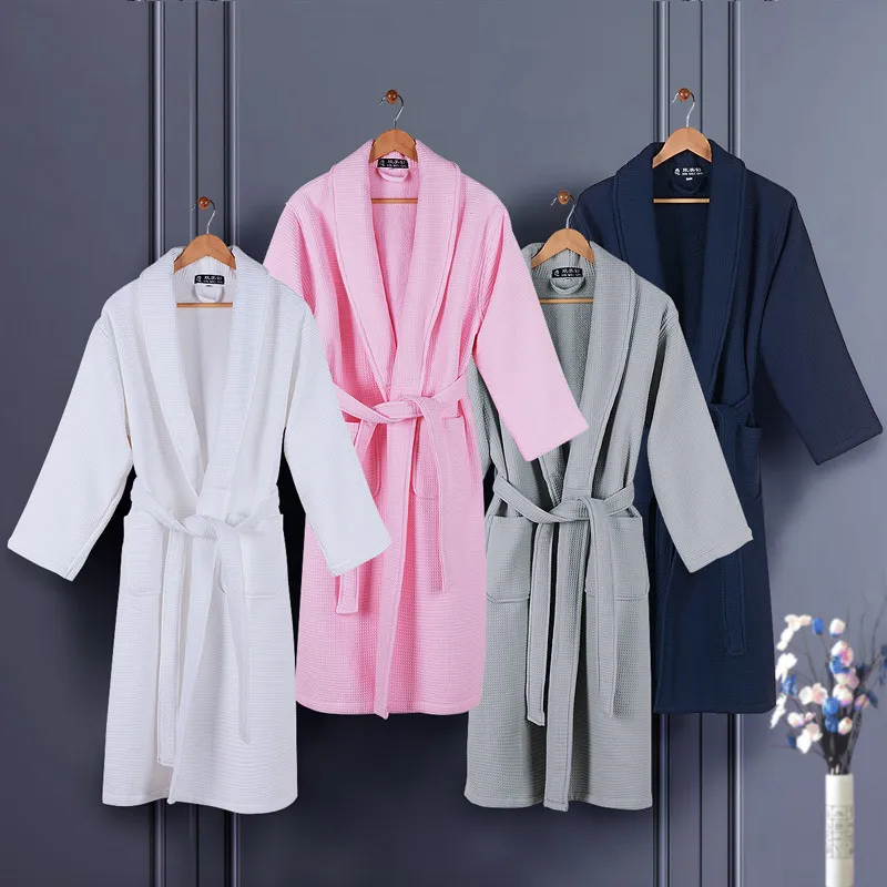 Unisex Cotton Waffle Weave Long Bathrobe Thick Double Layer Hotel Style Robe Absorbent Home Sleepwear Dressing Gown With Belt