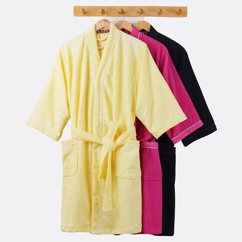 Women's 100% Cotton Toweling Bathrobe Absorbent Quick-Dry Kimono Robe For Men And Women Summer 3/4 Sleeve Homewear
