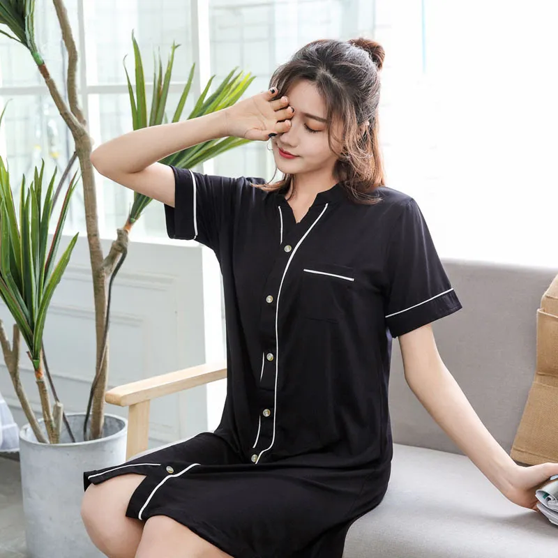 Women Modal Short Sleeve Nightgown Contrast Piping V Neck Home Robe Sleepwear Pocket Solid Color Loungewear Casual Mid Length Dress