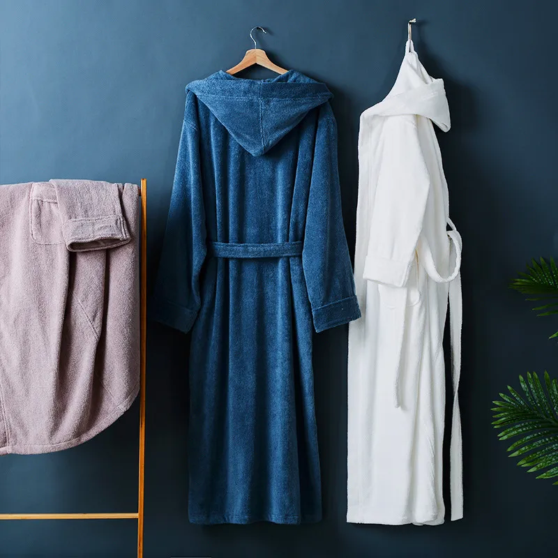 Couple Thickened Cotton Hooded Bathrobe Long Water Absorbing Winter Sleepwear Robe For Hotel And Home