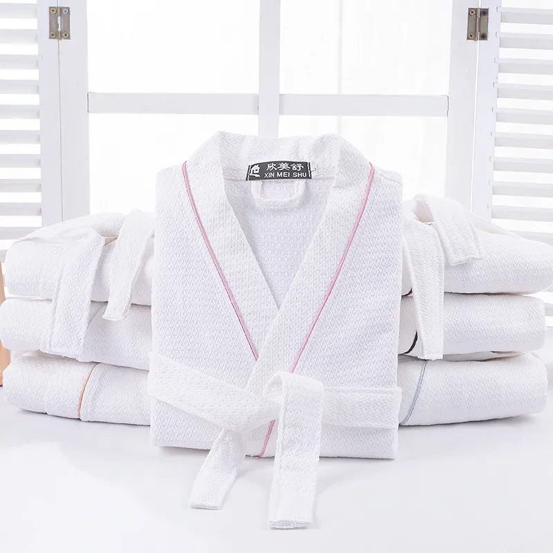 Unisex Baumwolle Waffelgewebe Bademantel Weich Absorbierend Hotelstil Bademantel Mit Bindegürtel Kontrastpaspelierung Schlafanzug Für Herren Und Damen