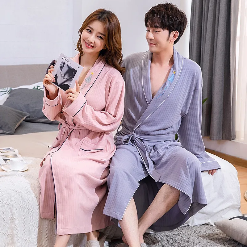 Unisex Pure Cotton Long Robe Absorbent Comfortable Embroidered Striped Loungewear Bathrobe For Home Hotel Couples Pajama Robe