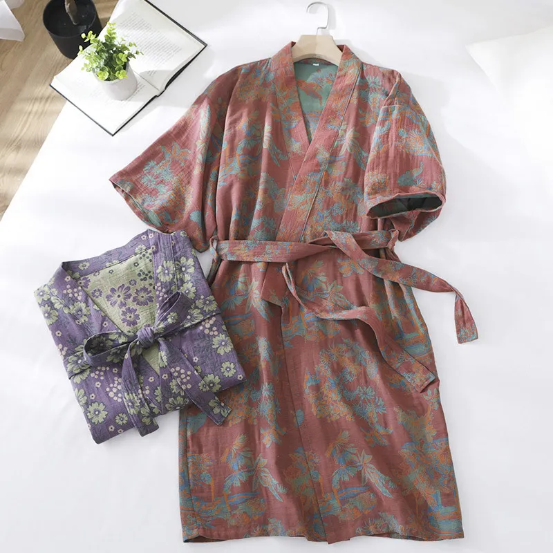 Women's Pure Cotton Double Layer Gauze Robe Vintage Floral Print Long Sleeve Bathrobe For Hotel Spa Home Loungewear Nightgown