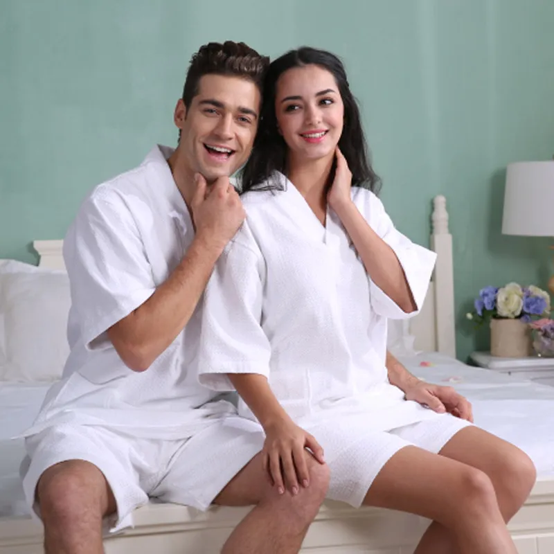 Unisex Baumwolle Waffelgewebe Bademantel Absorbierend Saunaanzug Für Paare Langarm Casual Spa Robe Schlafanzug